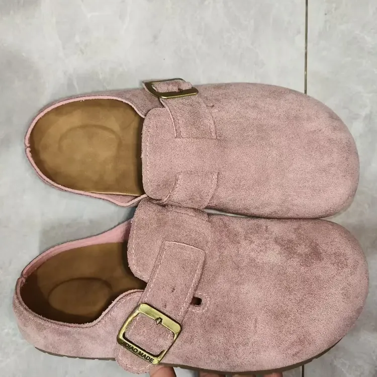 纯色防水台休闲鞋修面皮半拖杏色米色包头款包头拖