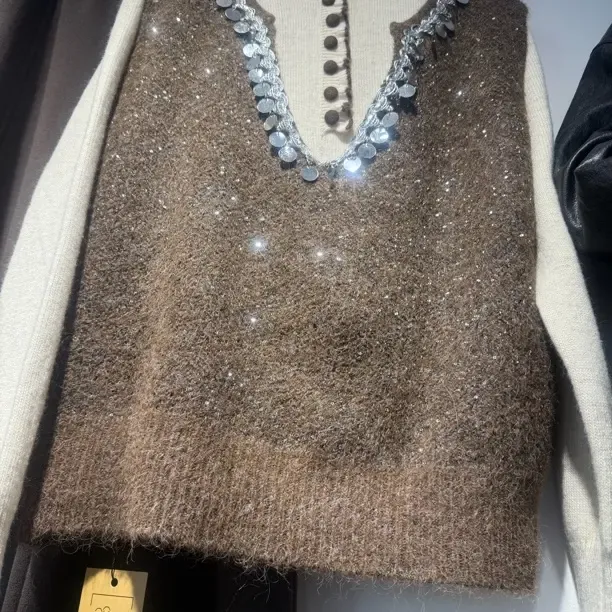 亮片V领马甲女短款冬季厚款加厚马夹常规网红