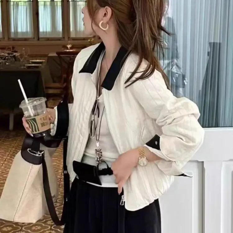 韩系拼色翻领轻薄短款棉服外套女2025秋冬新款高级感百搭显瘦上衣