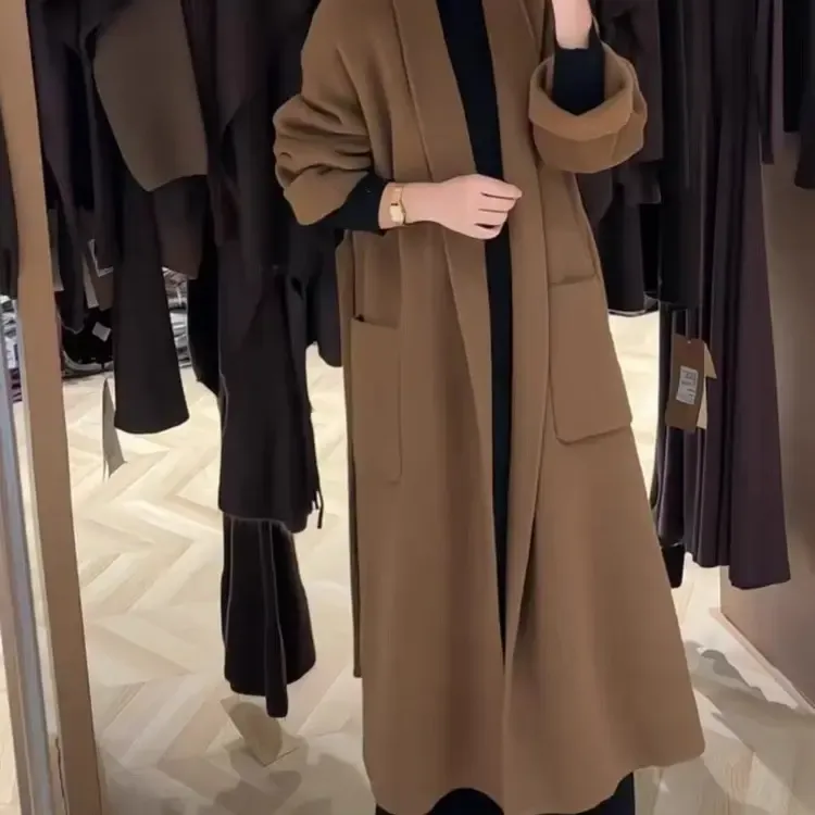 紫色长款秋冬双面大衣宽松设计感强百搭气质