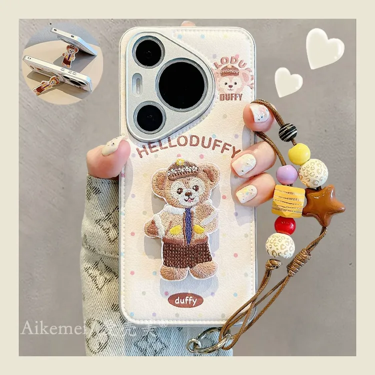 适用华为pura70pro+手机壳p60pro刺绣达菲熊Pura70 Ultra折叠支架