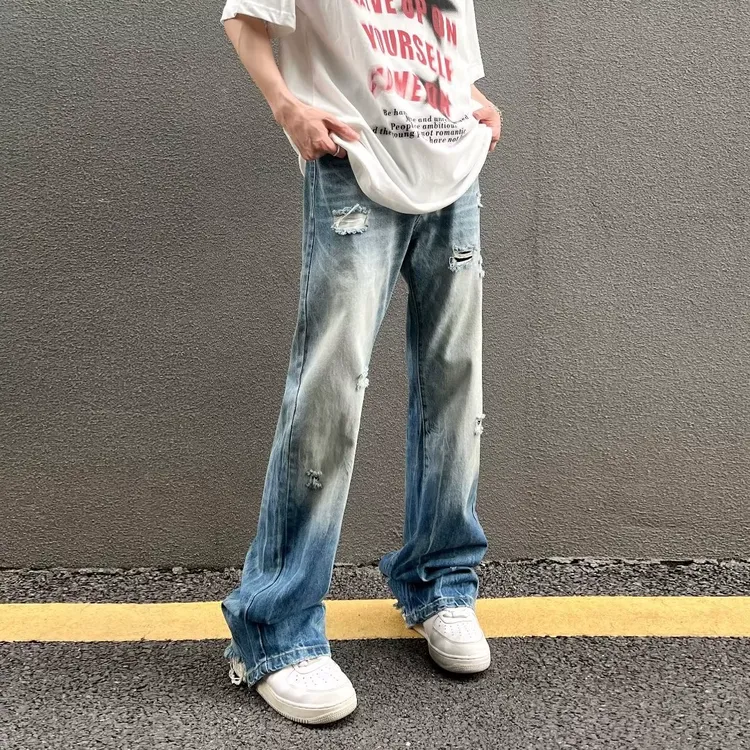 美式高街水洗做旧破洞牛仔裤男嘻哈微喇宽松直筒裤潮