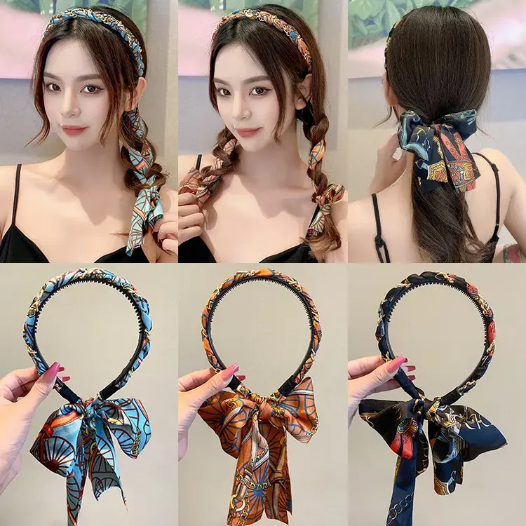 复古链条发箍飘带一体发带丝巾绑发女压发高颅顶头箍发箍