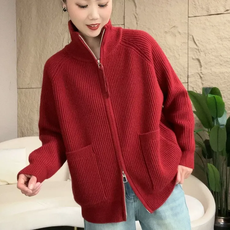 大码大口袋双拉头拉链毛衣女2025年春季新款内搭外穿显瘦时尚针织