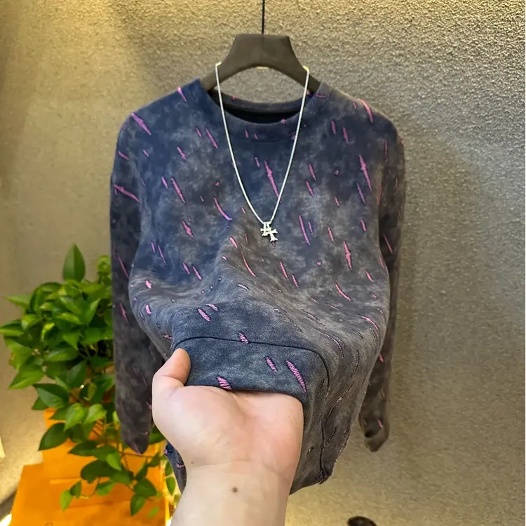 秋冬流星条新款男款上衣爆款轻奢高定长袖卫衣潮流破洞圆领