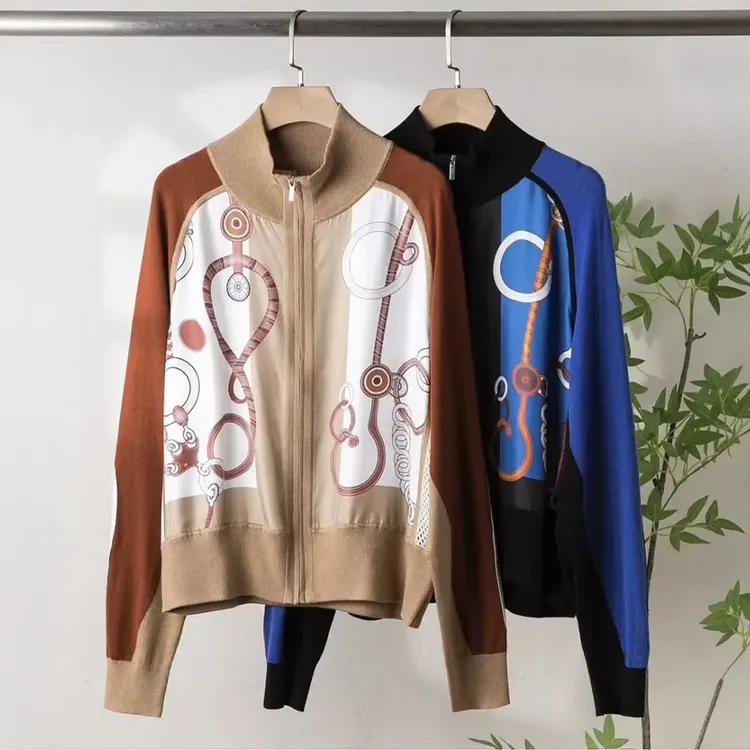 秋冬短外套真丝拼针织拉链开衫女印花上衣时尚外搭