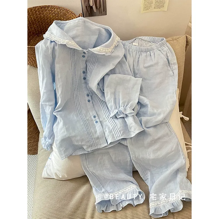 奶蓝色蕾丝花边长袖睡衣女春秋新款甜美少女软绵绵舒适家居服套装