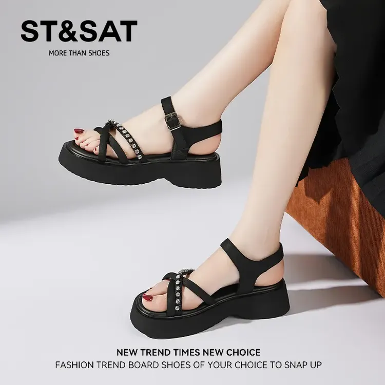 星期六气质配裙子凉鞋女秋季增高露趾百搭仙女鞋子一字扣带沙滩鞋