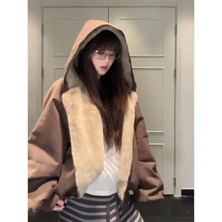 冬装美式双面穿棉服男女同款加厚加绒重磅宽松保暖连帽棉衣外套潮