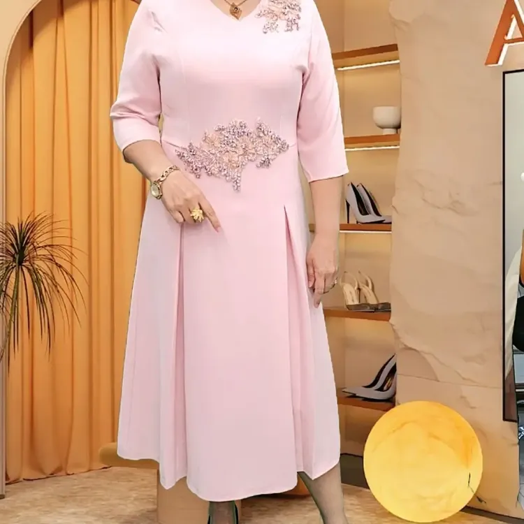 钉钻设计纯色长袖圆领半V领时尚礼服连衣裙