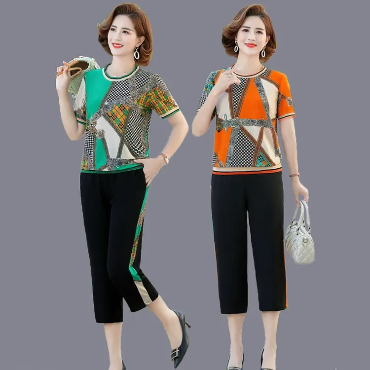 妈妈装短袖恤休闲运动服套装女夏装时尚显瘦减龄宽松大码两件套