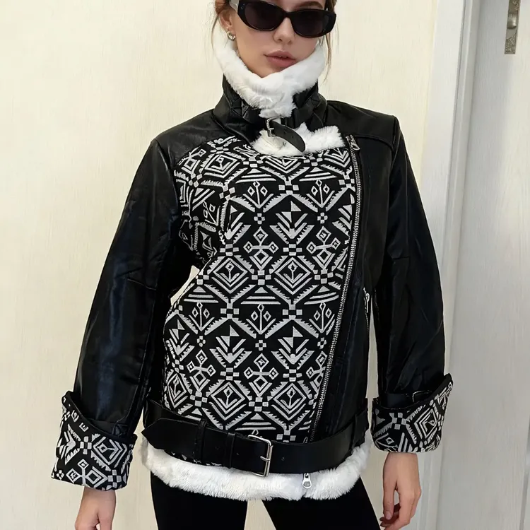 冬季翻领厚款中长款手工刺绣长袖拼贴/拼接拼接皮衣