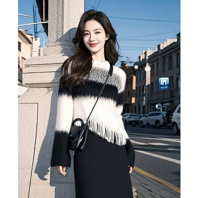 秋季穿搭黑色高级设计感温柔穿搭长袖针织衫女秋冬洋气时髦不规则