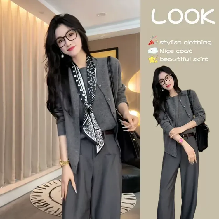 慵懒休闲风显瘦套装女无袖背心毛衣开衫阔腿裤三件套秋季新款女装