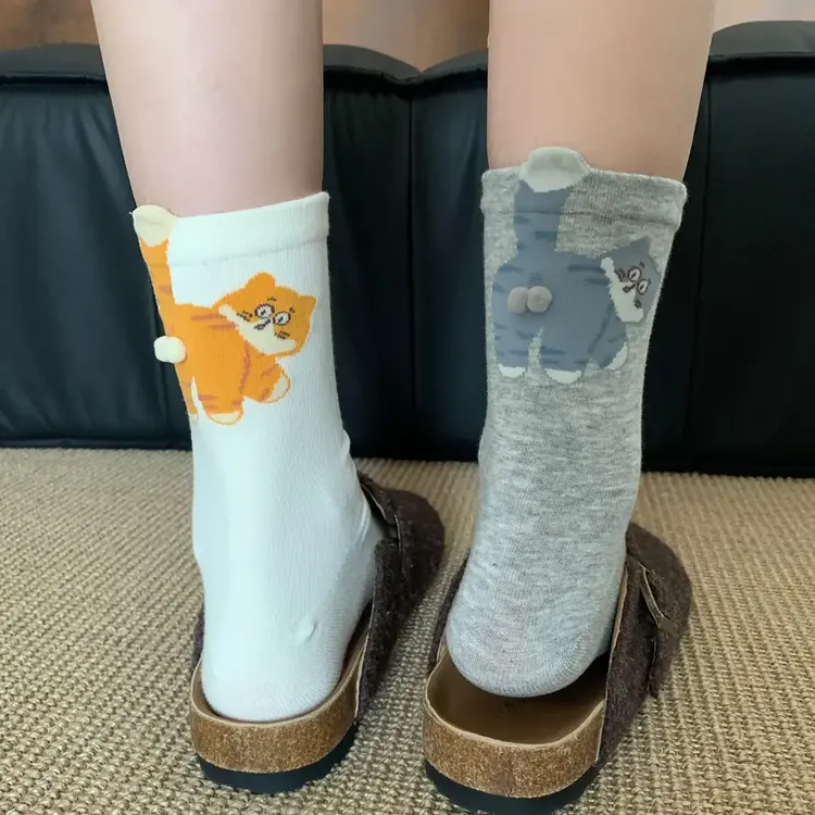 2025新款猫咪蛋蛋袜子女夏季可爱薄款卡通搞怪长袜透气白袜