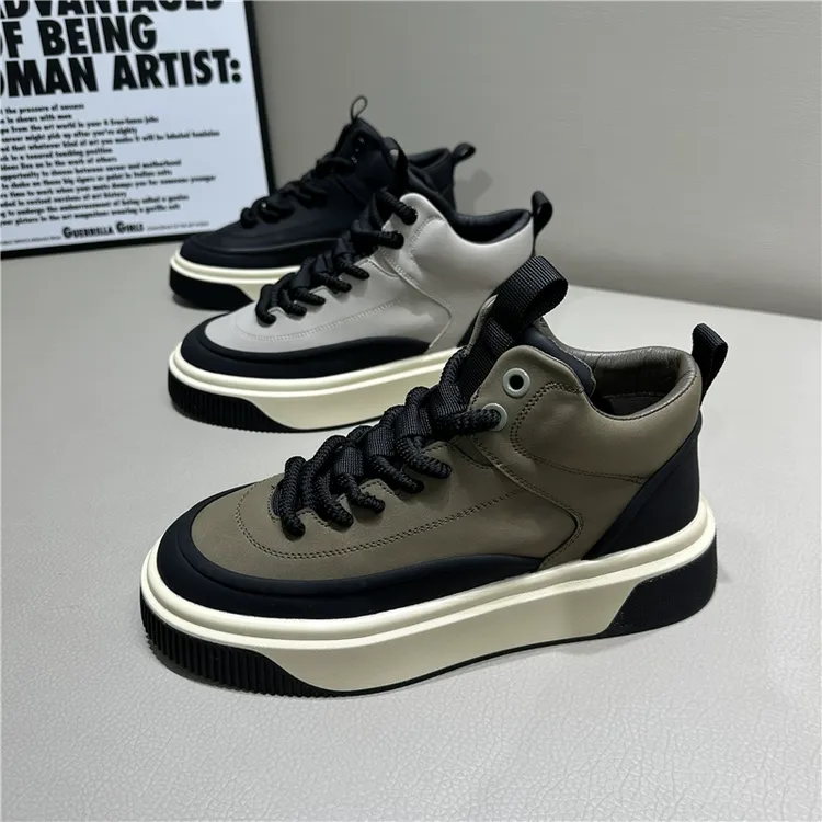 2025年春季新款高帮皮面休闲鞋男时尚百搭防滑厚底男士韩版运动鞋