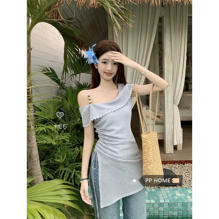 法式不规则斜肩抽绳短袖T恤女夏季纯欲风修身显瘦气质上衣