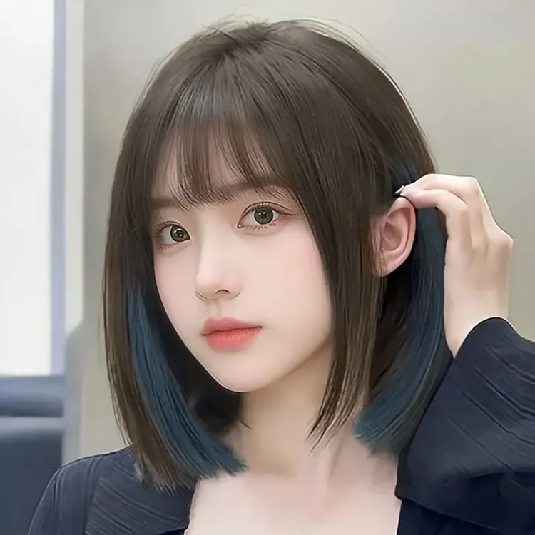 新款时尚全头套假发女短发自然仿真波波头挑染雾霾蓝气质甜美修饰