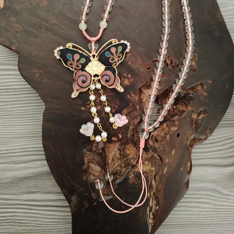 合金布艺项链 非遗宋锦饰品轻奢时尚蝴蝶毛衣链