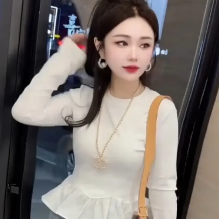 荷叶边修身长袖T恤洋气韩版潮流网红显瘦百搭打底衫上衣内搭秋冬