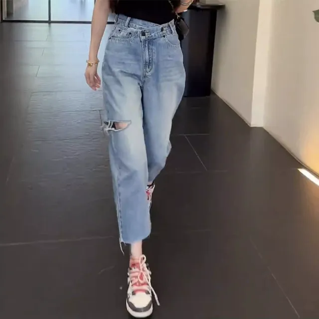 破洞牛仔裤女夏天薄款大码胖mm高腰显瘦小个子裤子遮胯哈伦老爹裤