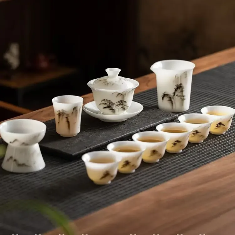 冰种玉瓷手绘功夫茶具套装家用办公室会客高档轻奢盖碗茶杯礼盒装