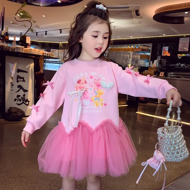 女童连衣裙春秋2025新款儿童长袖拼接裙子韩版女孩洋气公主裙卡通