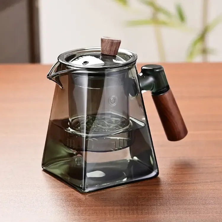 耐热日式四方泡茶壶家用透明过滤煮茶壶创意木把天圆地方茶具花茶