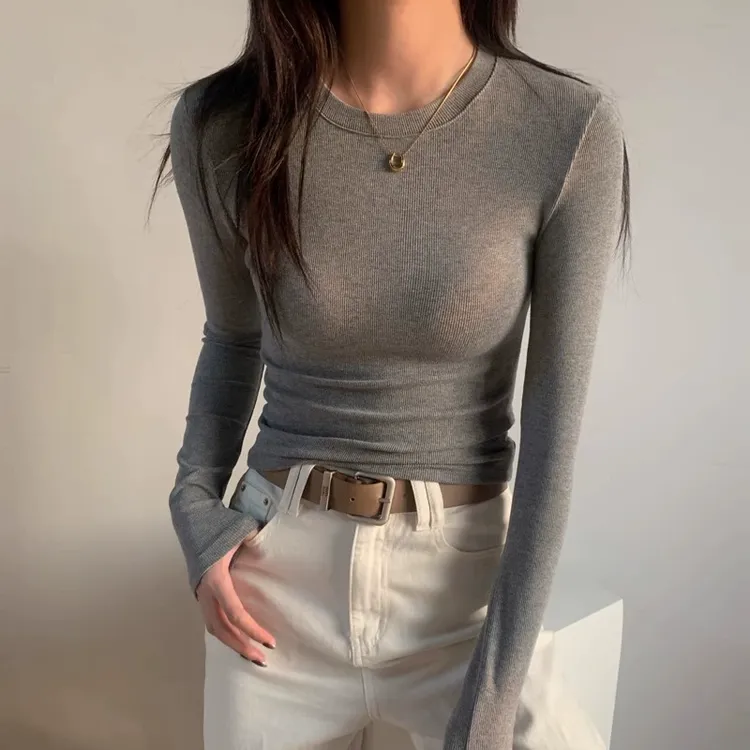 2025春秋冬螺纹美式正肩小衫长袖t恤女磨毛内搭打底修身百搭上衣