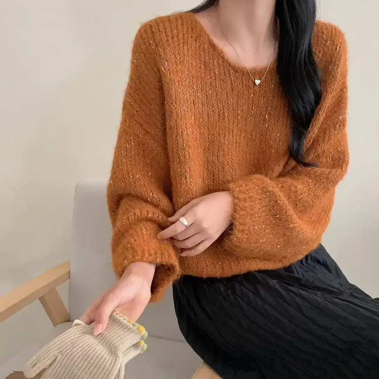 秋冬韩版慵懒风彩色套头毛衣女时尚百搭软糯针织衫宽松长袖上衣