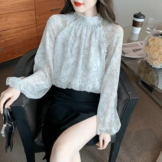 法式甜美碎花雪纺衬衫女装秋装2025新款钉珠洋气减龄长袖内搭上衣