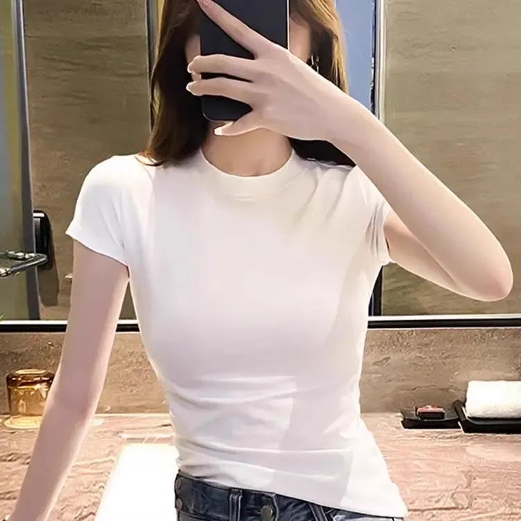 半高领短袖棉t恤女正肩内搭打底衫夏季新款甜辣小上衣修身显瘦