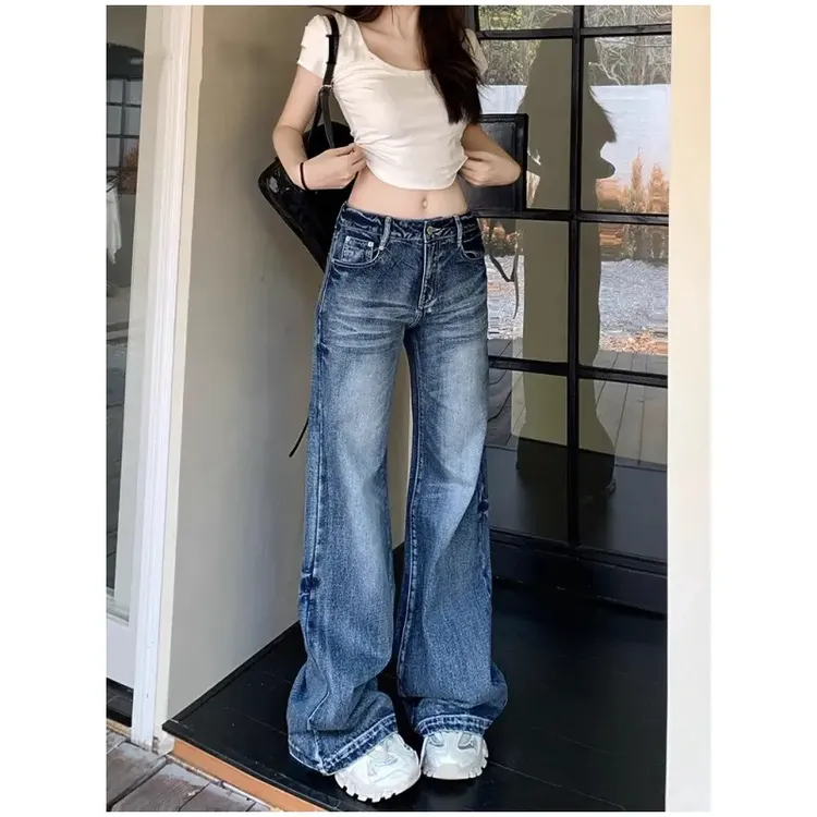 美式复古阔腿牛仔裤女2025新款水洗裂痕宽松不贴腿直筒微喇拖地裤