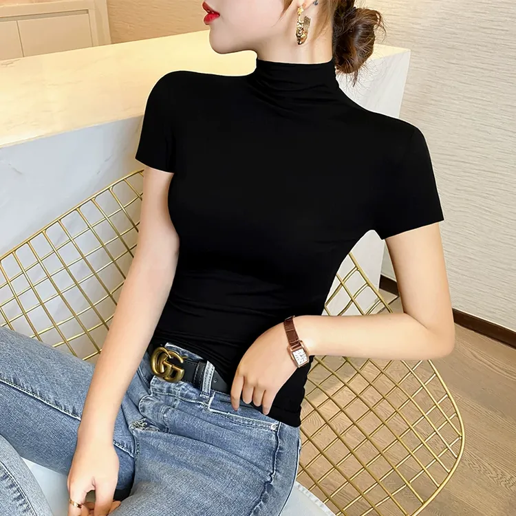 半高领黑色短袖t恤女莫代尔2025年春夏季新款打底衫内搭半袖上衣