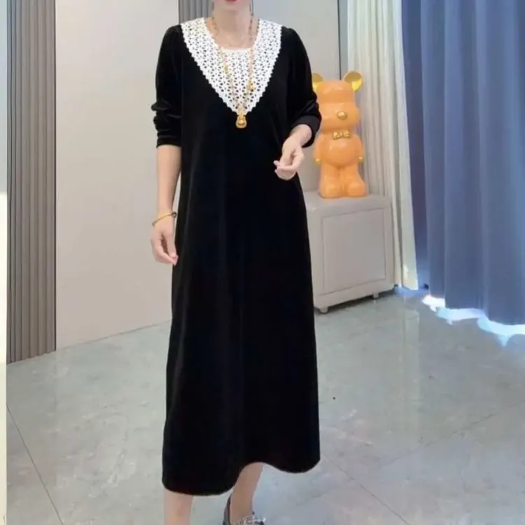 宽松型常规法式圆领纱网镂空拼接长袖连衣裙常规款