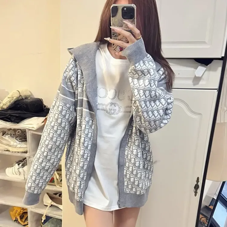 网红同款秋冬热销款针织开衫外套女字母提花收腰显瘦长袖上衣