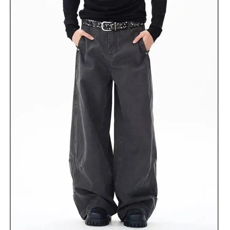 高街cleanfit灰色工装牛仔裤男女宽松阔腿设计感休闲百搭弯刀长裤