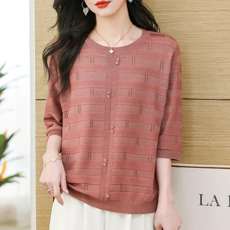 夏季新款女中年妈妈春夏薄款七分袖针织衫洋气宽松上衣桑蚕丝T恤