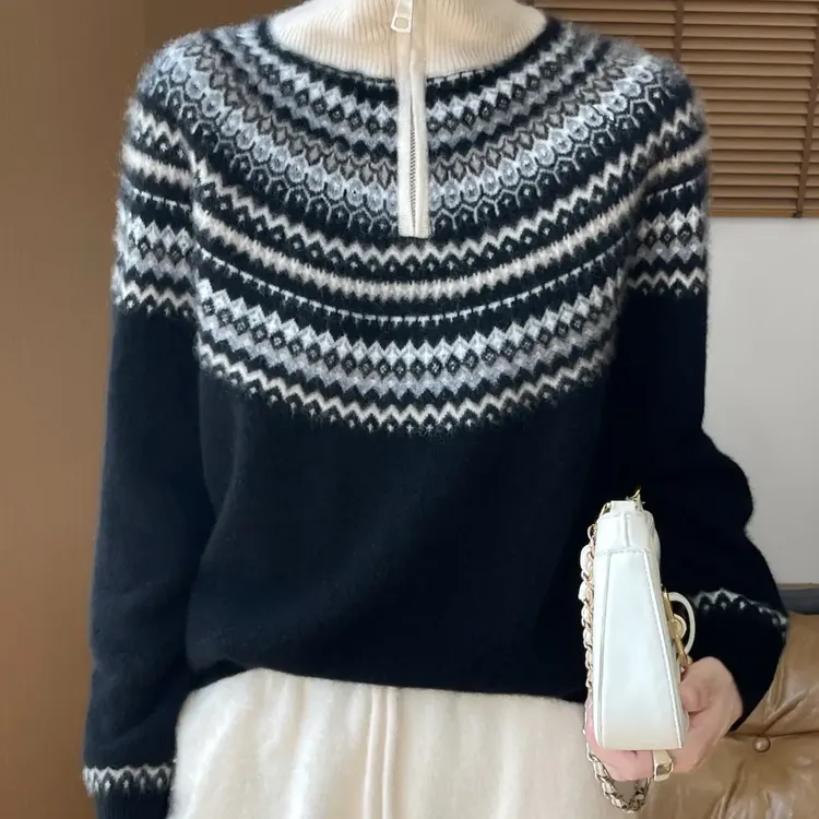 纯羊毛费尔岛提花拉链半高领加厚保暖女士针织衫秋冬百搭打底上衣
