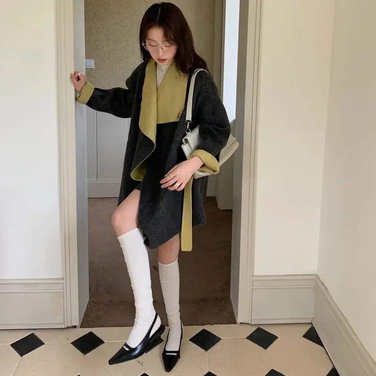 气质双面羊毛中长款撞色设计感秋冬女外套