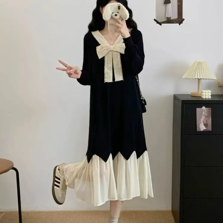 秋季针织连衣裙时尚设计感赫本风小黑裙胖MM遮肉显瘦007