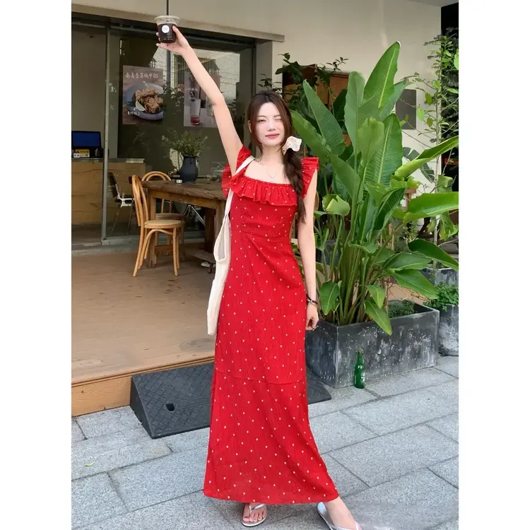 法式气质甜美方领波点红色连衣裙女夏季新款收腰裙子鱼尾裙长裙