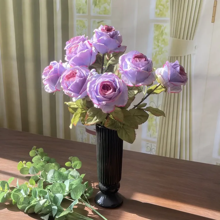 高档仿真绢花复古焦边玫瑰家居客厅餐桌装饰被陈列花瓶摆件轻奢风