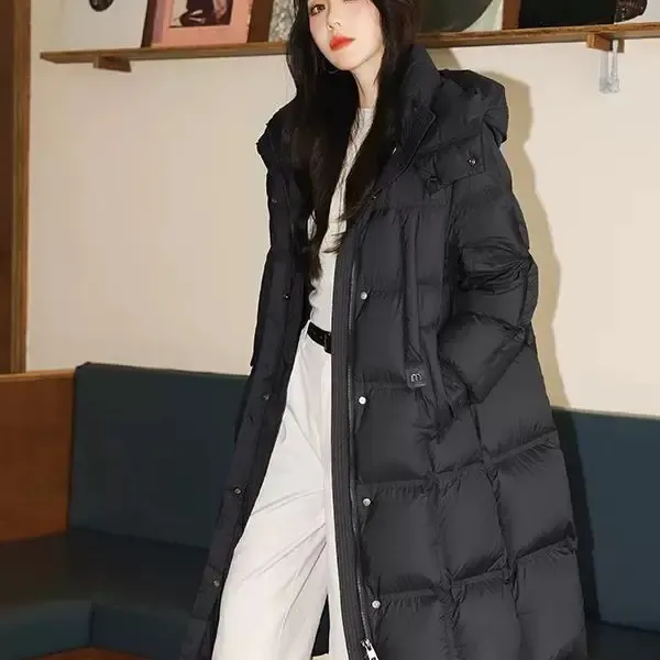 保暖连帽拼接长款咖色休闲显瘦中长款宽松女士