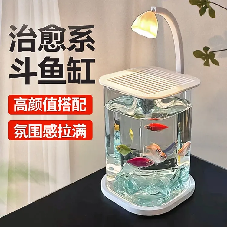 2026新款斗鱼缸小型网红玻璃缸客厅桌面观赏鱼造景办公室工位鱼缸