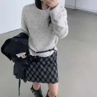 灰灰呀！2019 韩系复古设计感格纹拼接高腰百搭A字版呢子半身裙