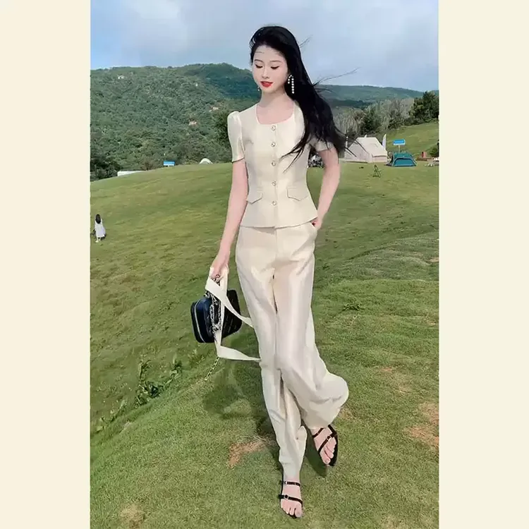 春装搭配一整套韩系高级感炸街时尚名媛高端气质小香风白色套装裤