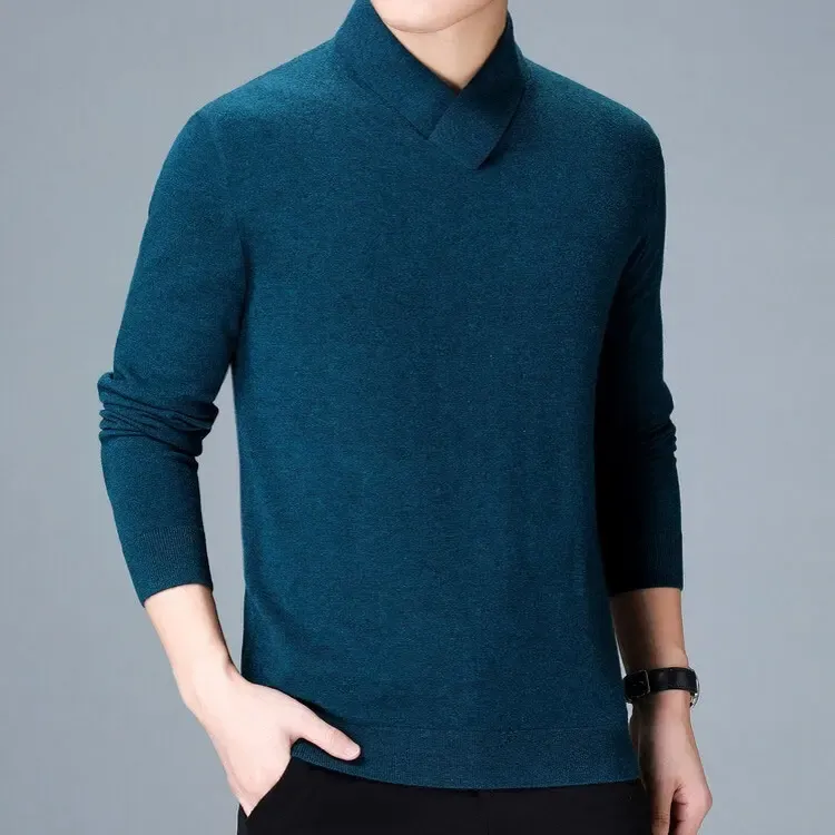 针织宽松纯色秋冬薄款打底内搭男士叠领v领毛衣
