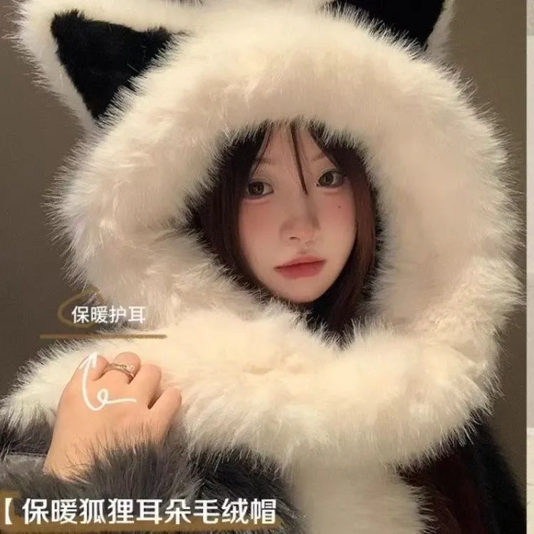 狐狸耳朵帽子围巾一体女冬季毛绒加厚保暖显脸小防寒护耳雷锋帽LQ