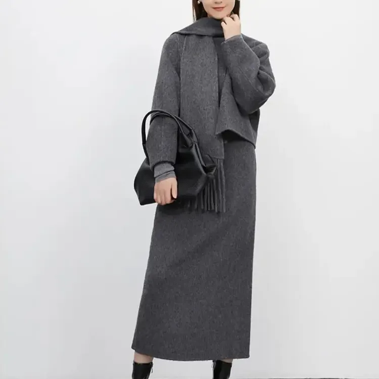 歌锦秋冬新款高腰灰色直筒中长款半身裙气质高级显瘦